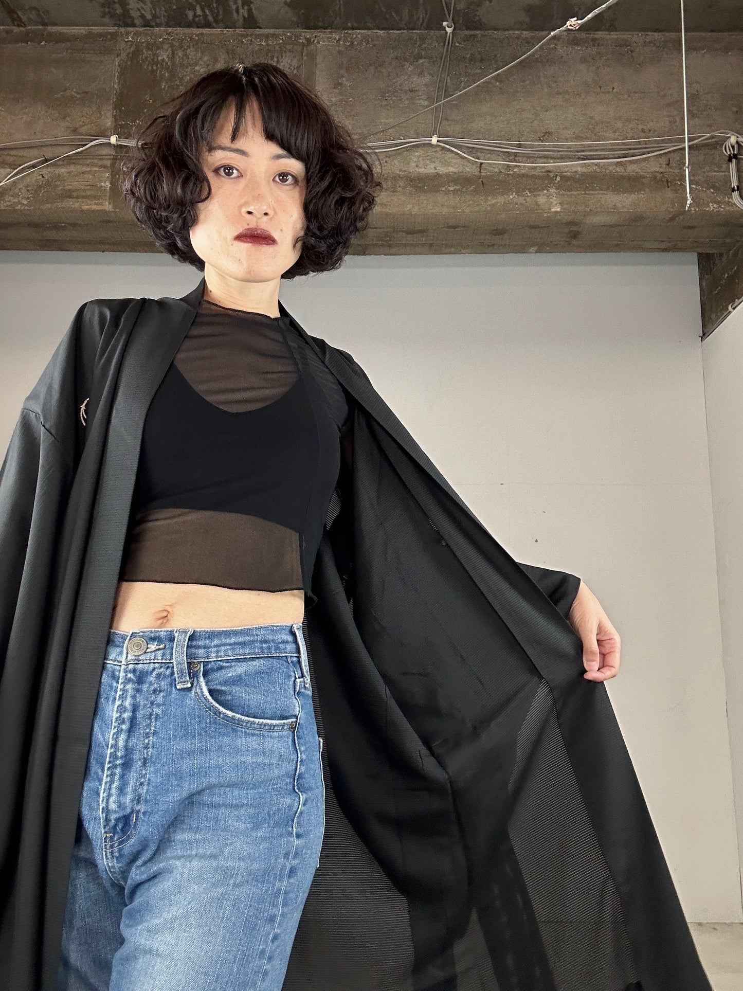 BLACK HAORI SHEER "men's Montsuki"