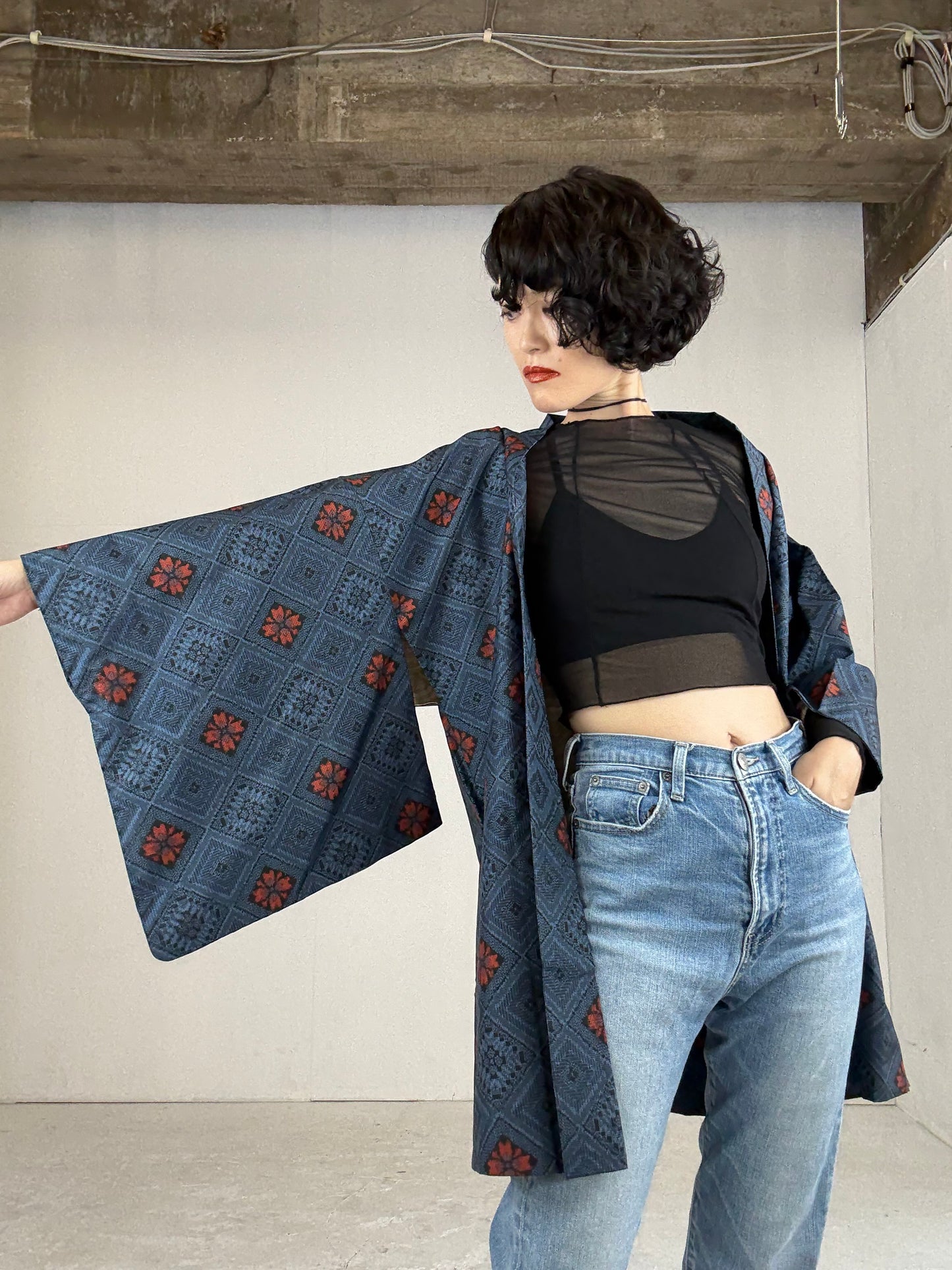 VINTAGE KAWAII HAORI "tsumugi, red blue"