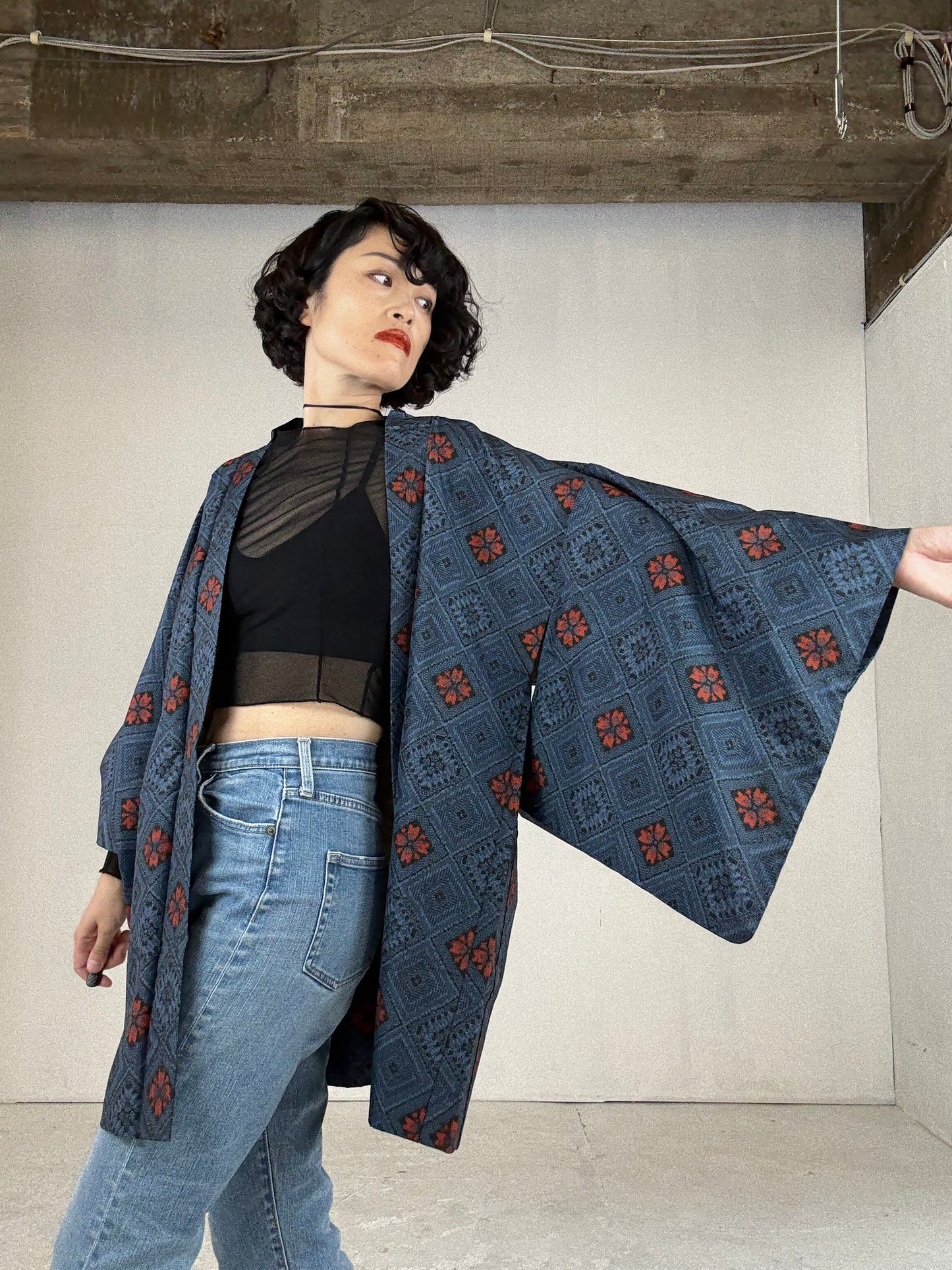 VINTAGE KAWAII HAORI "tsumugi, red blue"