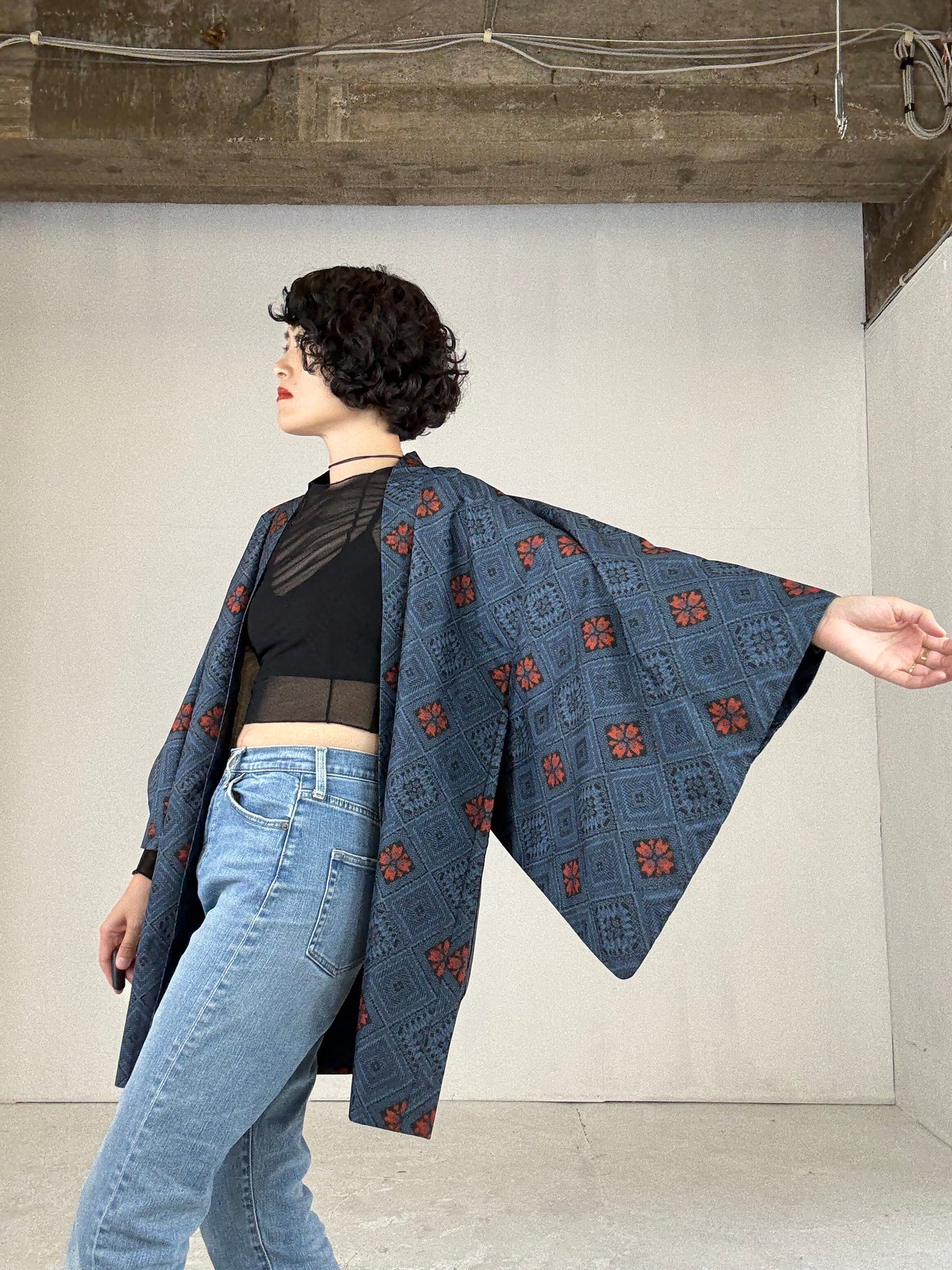 VINTAGE KAWAII HAORI "tsumugi, red blue"