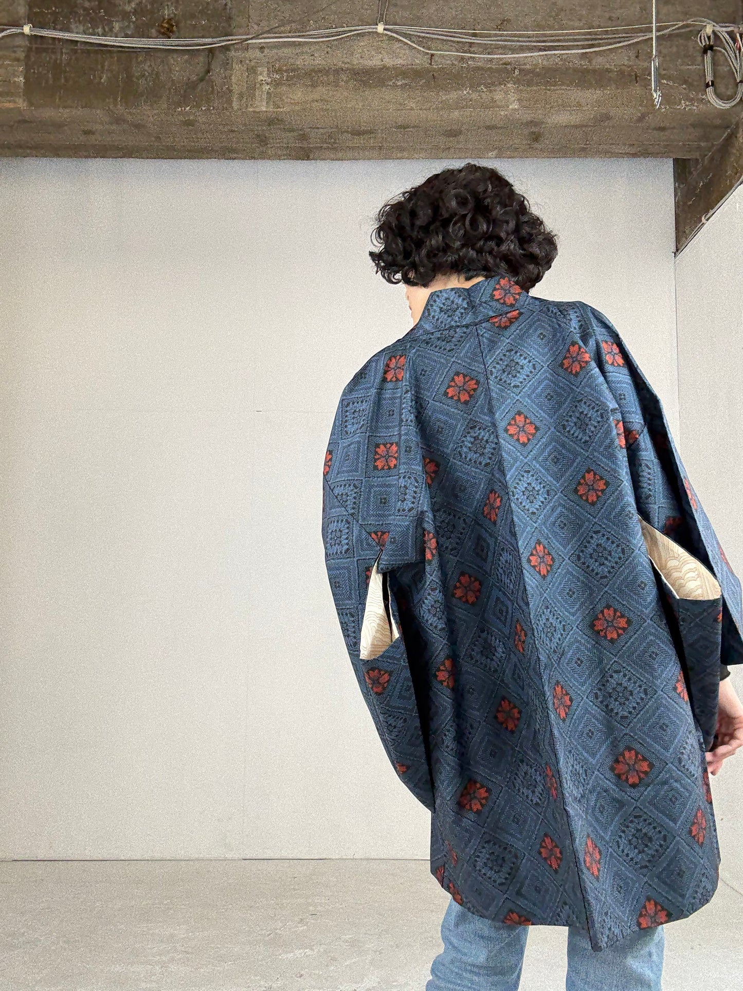 VINTAGE KAWAII HAORI "tsumugi, red blue"