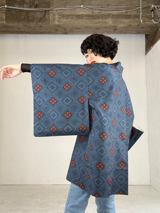 VINTAGE KAWAII HAORI "tsumugi, red blue"