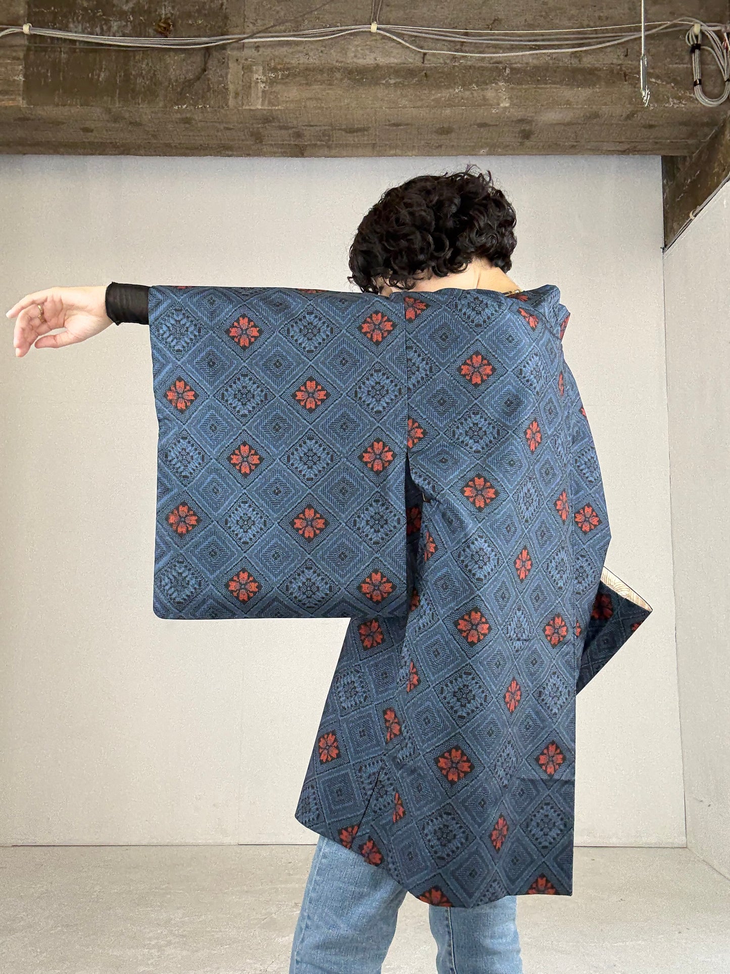 VINTAGE KAWAII HAORI "tsumugi, red blue"