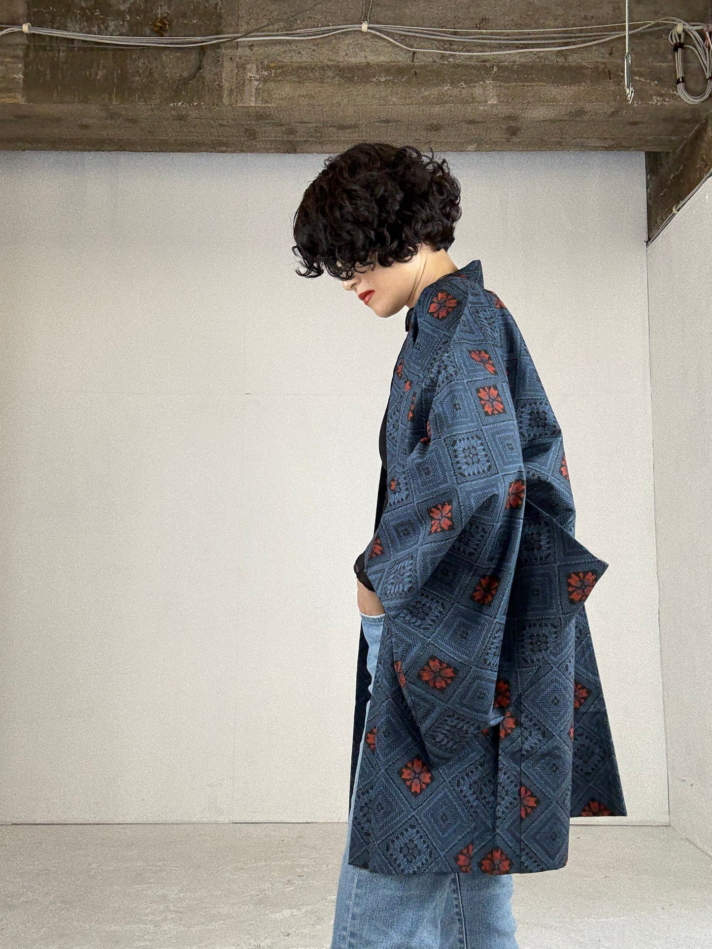VINTAGE KAWAII HAORI "tsumugi, red blue"