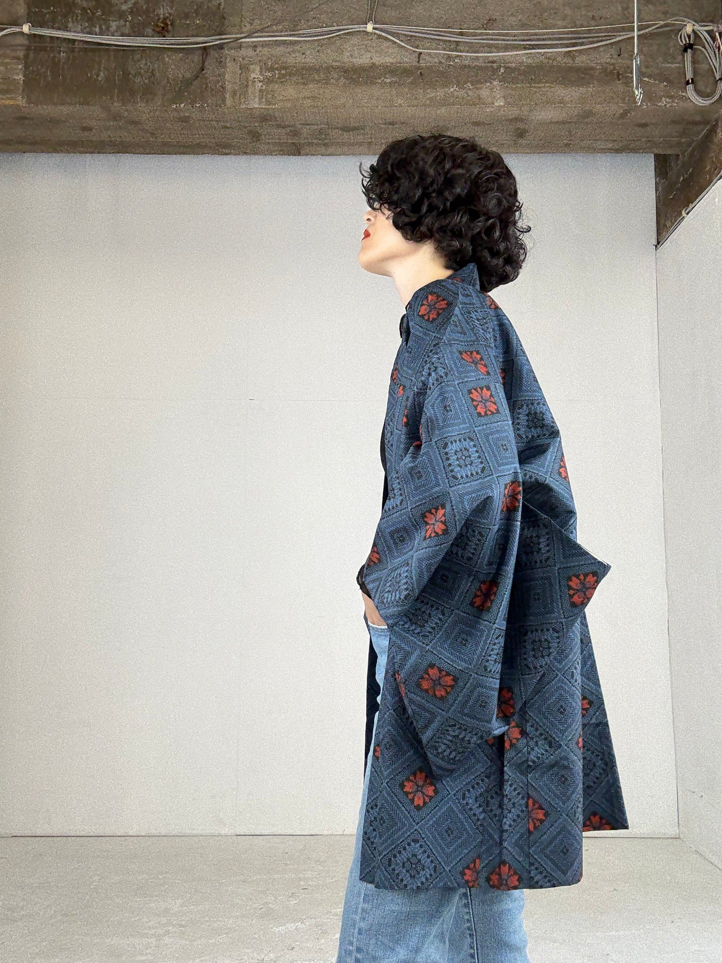 VINTAGE KAWAII HAORI "tsumugi, red blue"