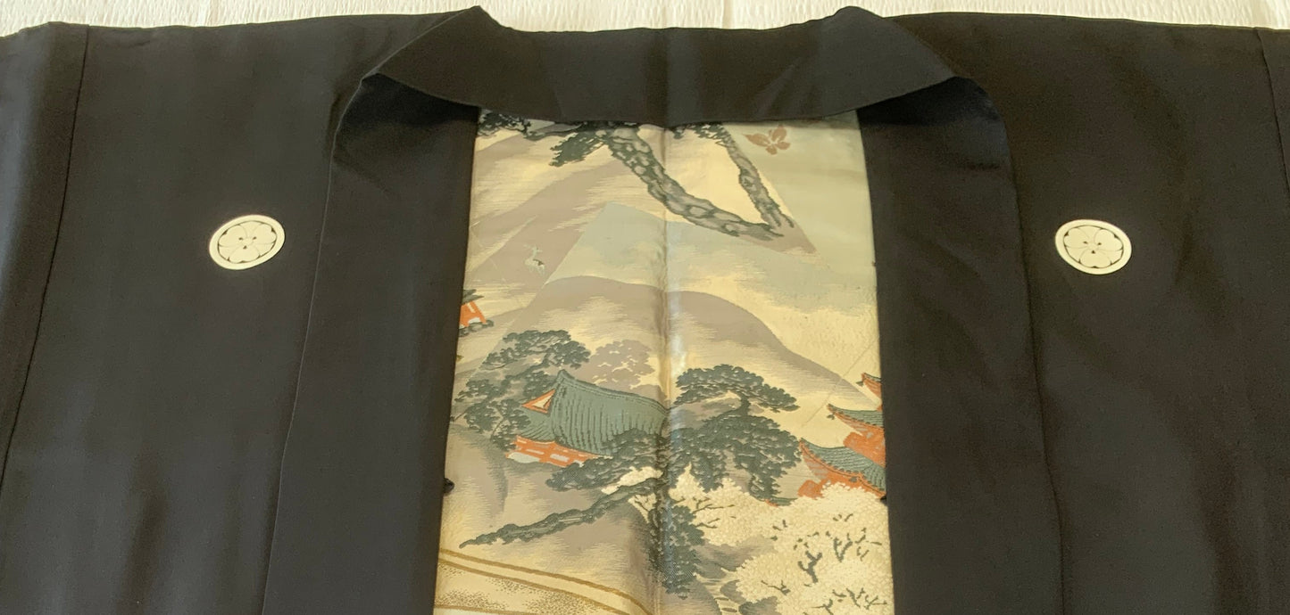 VINTAGE KUROMONTSUKI HAORI "cherry blossoms, maruni-kenkatabami, KUR116" *damage