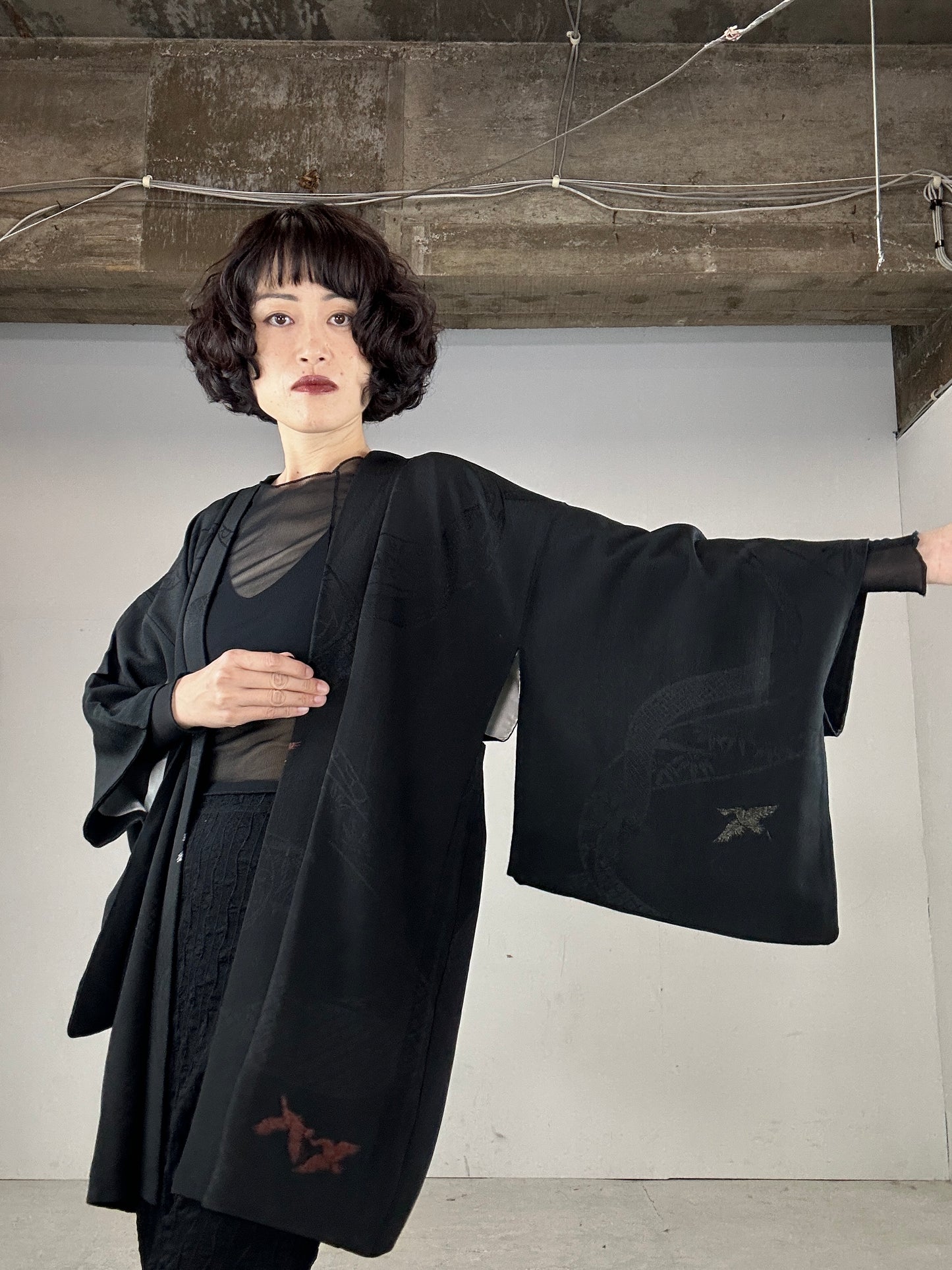 VINTAGE BLACK HAORI "bird, gold”