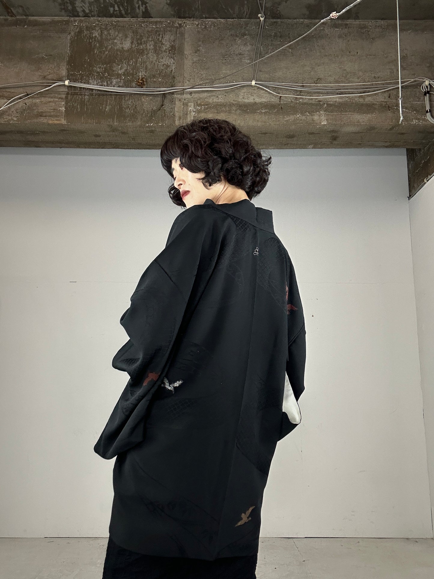 VINTAGE BLACK HAORI "bird, gold”