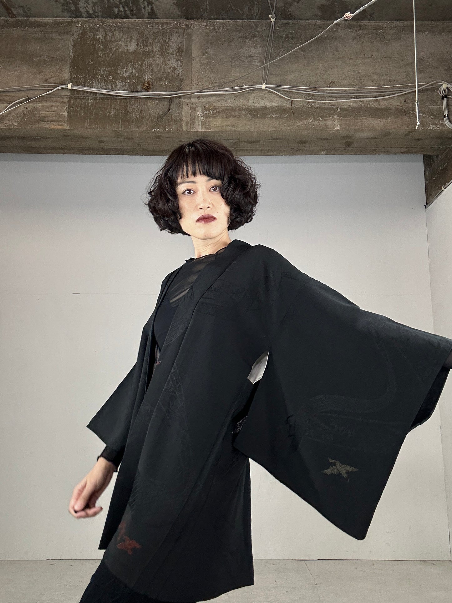 VINTAGE BLACK HAORI "bird, gold”