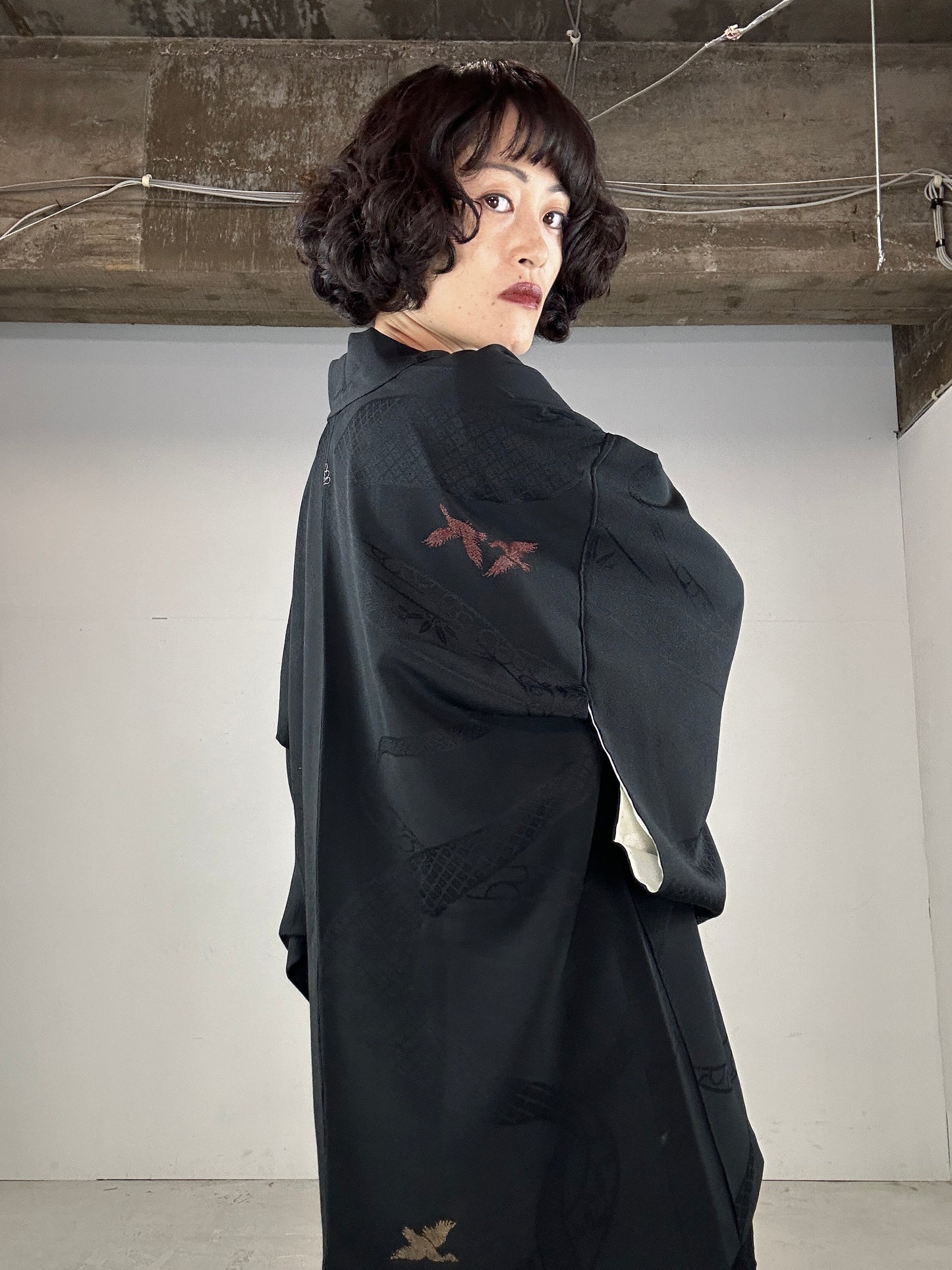 VINTAGE BLACK HAORI "bird, gold”