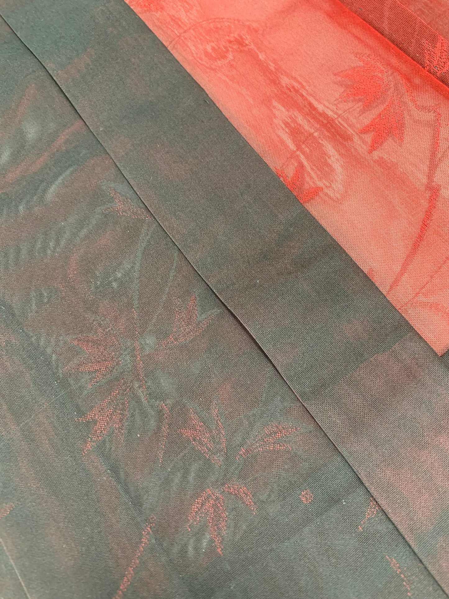VINTAGE BLACK HAORI SHEER “sha, inside-red, vines, SHH040" *damage