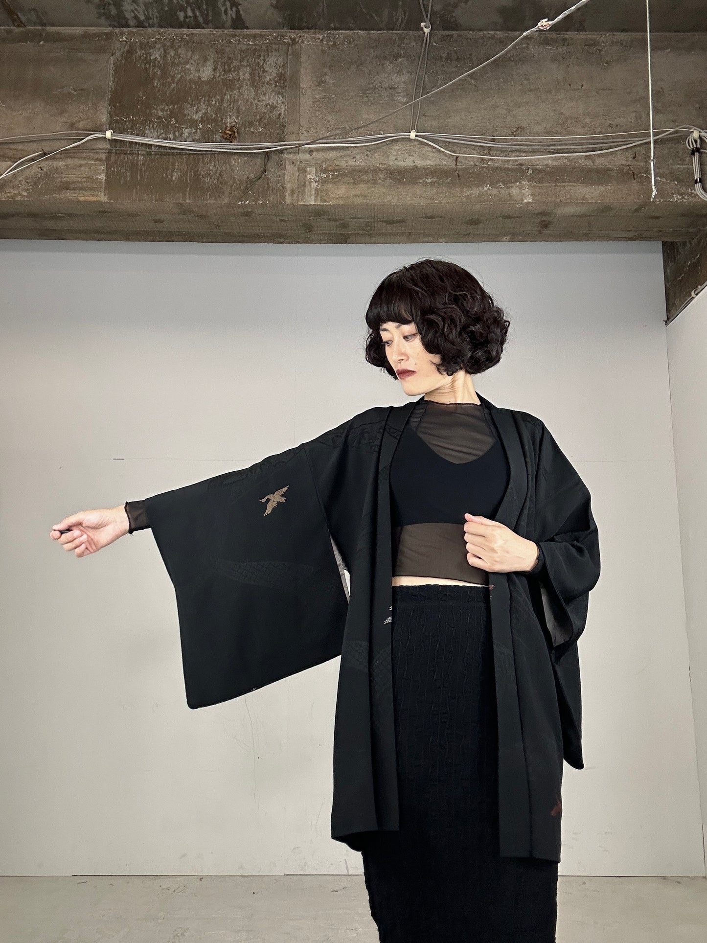 VINTAGE BLACK HAORI "bird, gold”