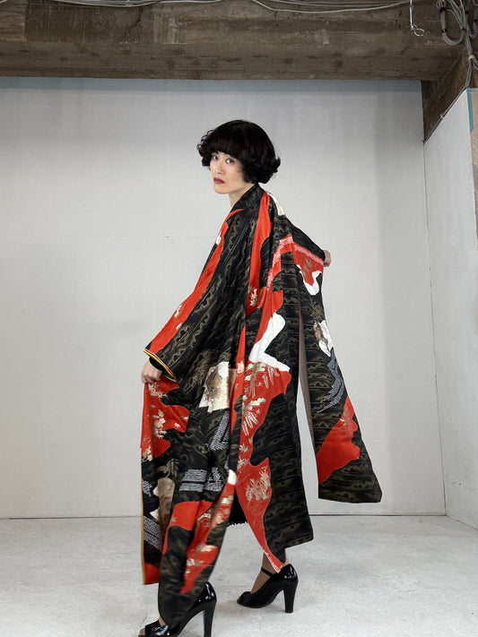 Furisode Kimono dress gown and string belt upcycled from Japanese kimono "kinsai, gold black"