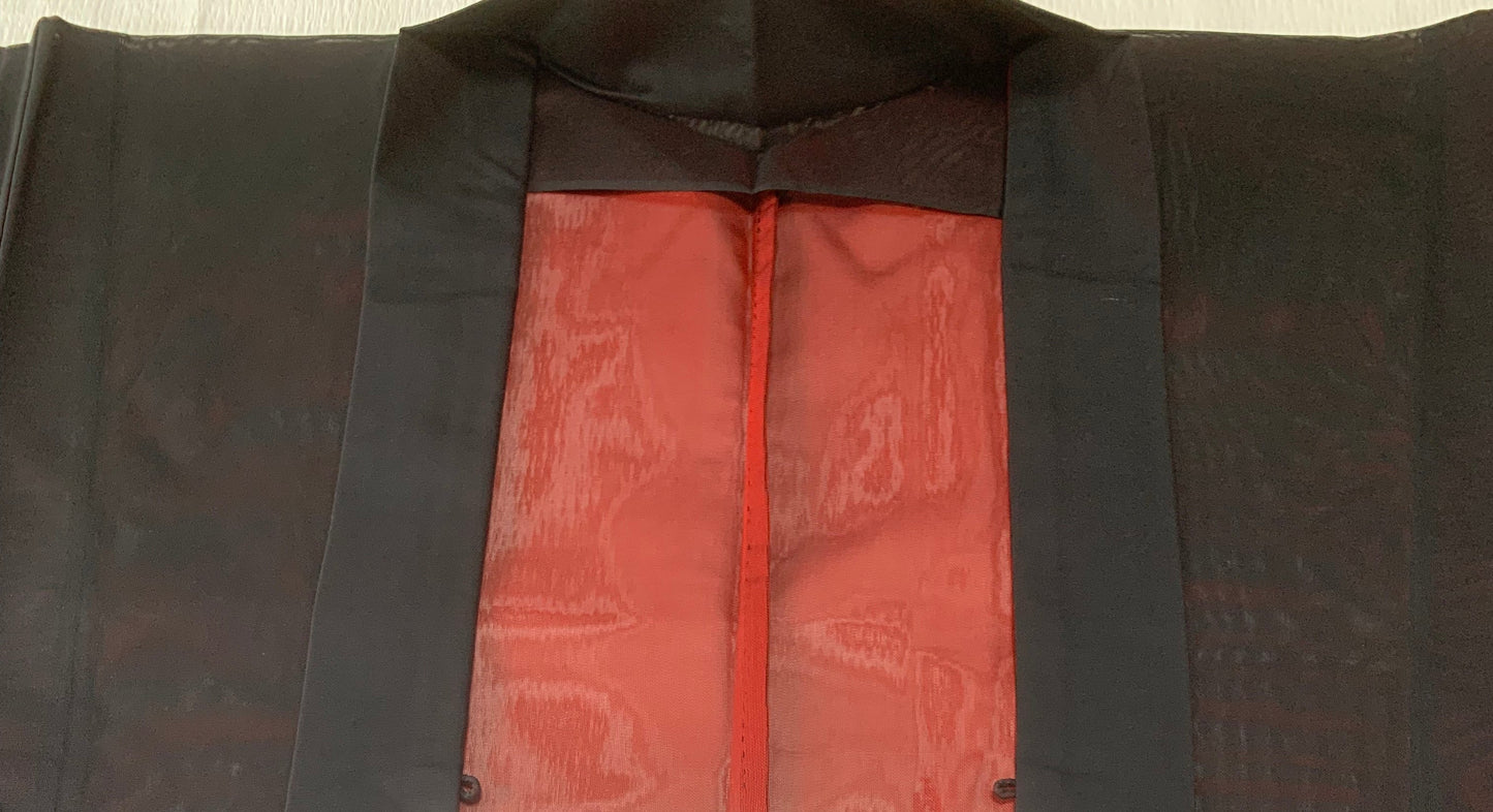 VINTAGE BLACK HAORI SHEER “sha, inside-red, hana SHH047"