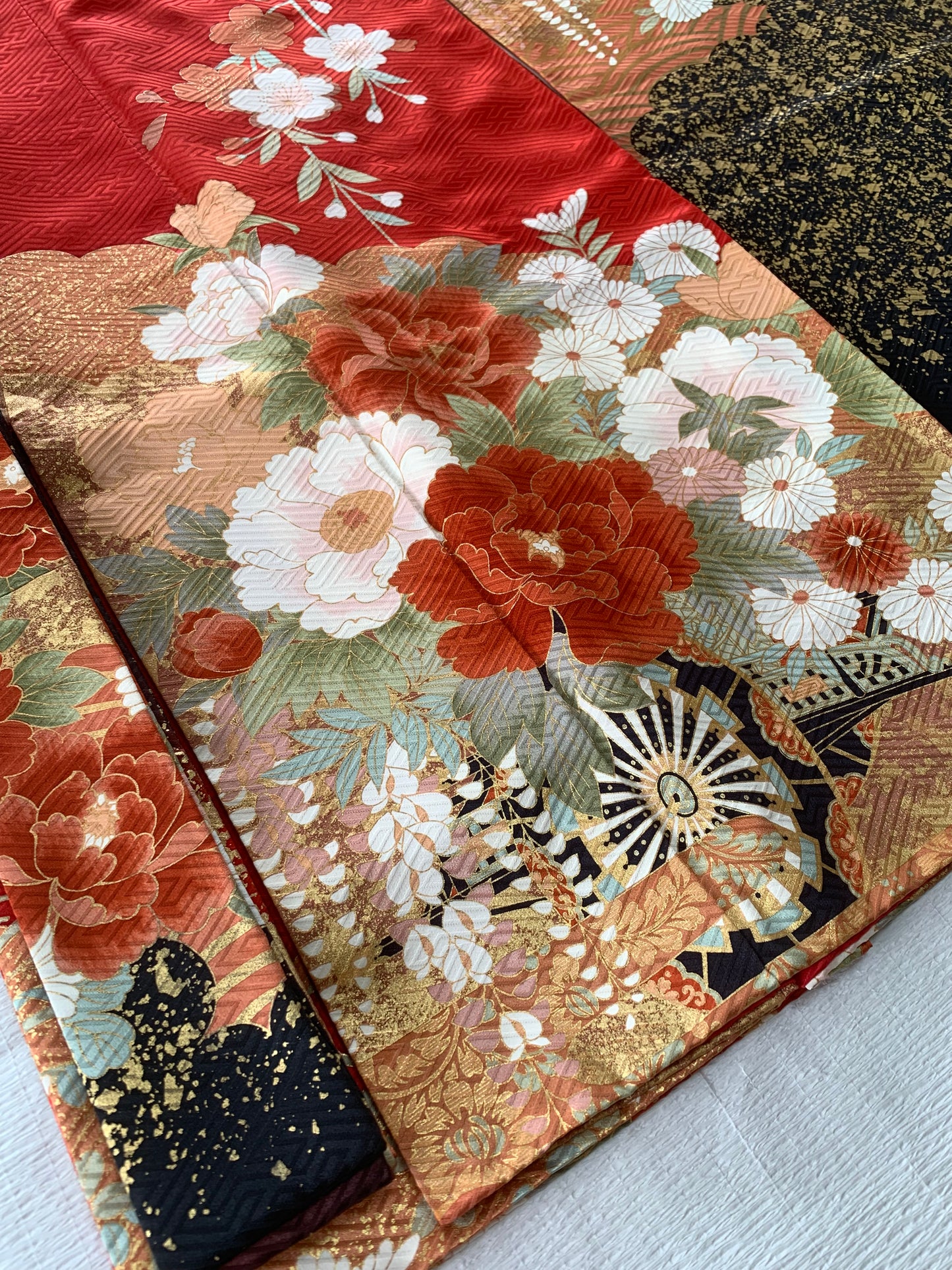 Furisode Kimono Dress Gown with String Belt – Upcycled from Vintage Japanese Kimono "red, sakura, botan, kiku, DRE019"