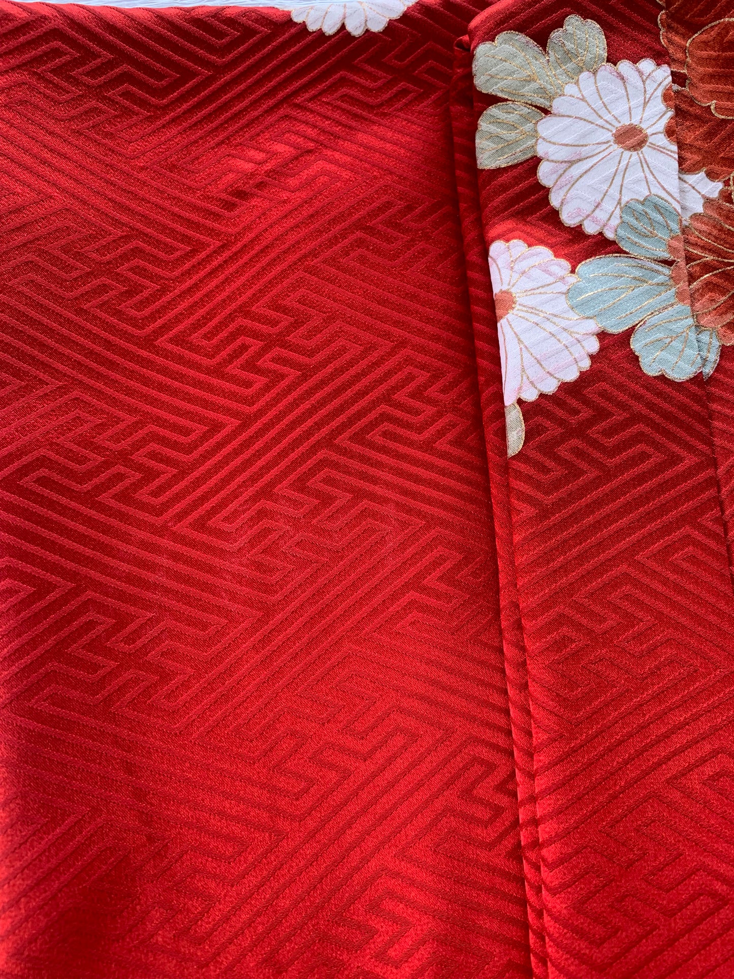 Furisode Kimono Dress Gown with String Belt – Upcycled from Vintage Japanese Kimono "red, sakura, botan, kiku, DRE019"