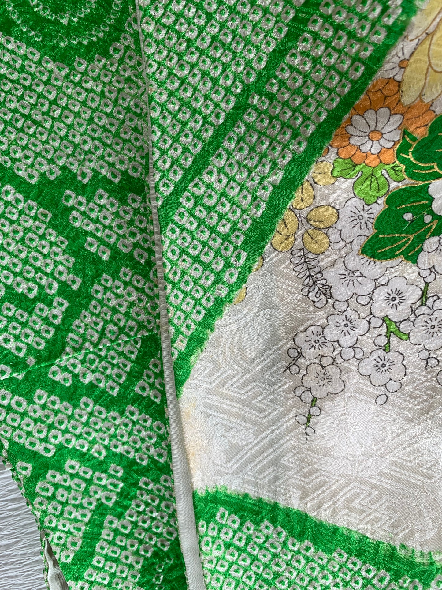 Furisode Kimono Dress Gown with String Belt – Upcycled from Vintage Japanese Kimono "shibori, green, mix, DRE020"