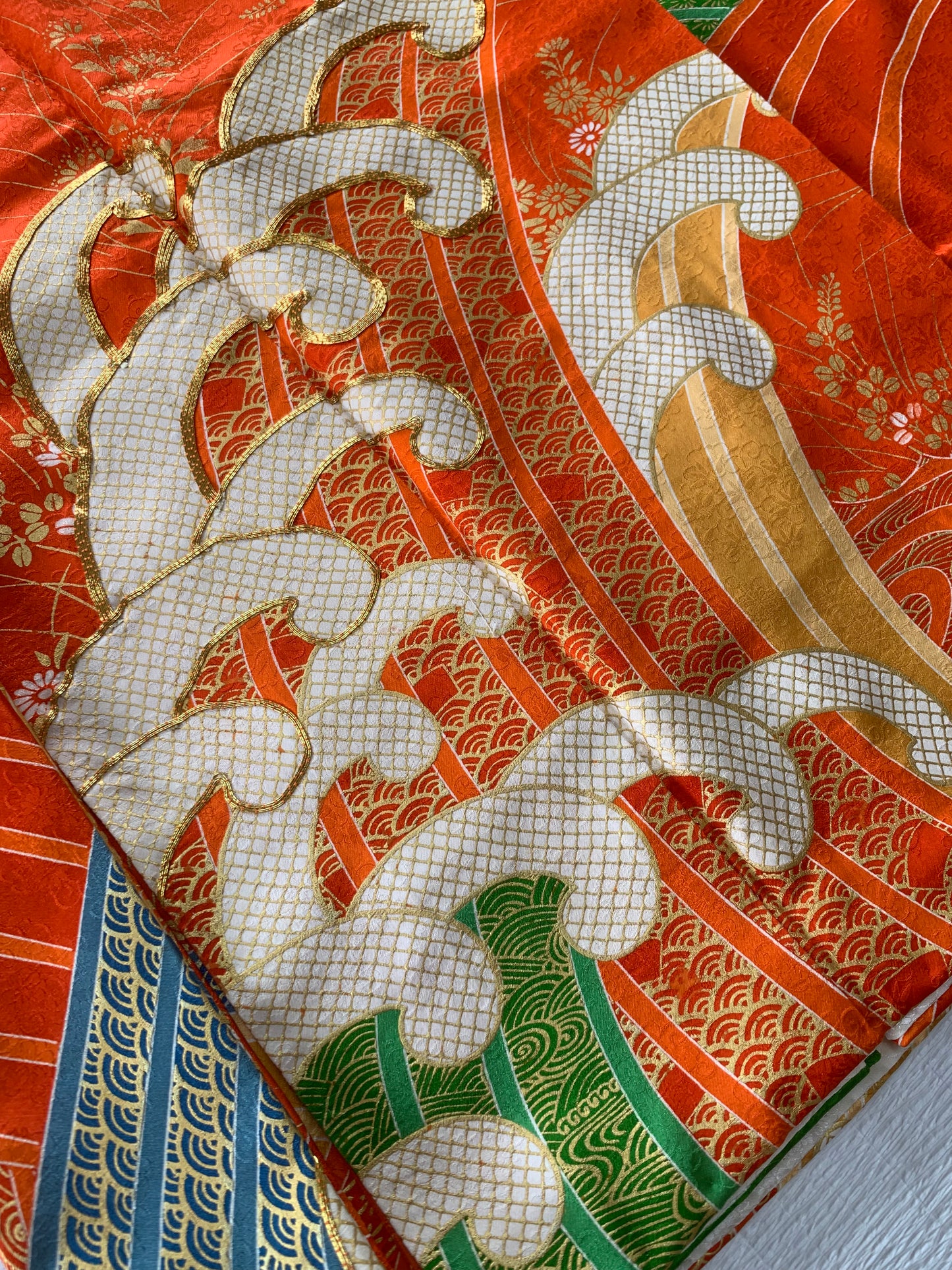 Furisode Kimono Dress Gown with String Belt – Upcycled from Vintage Japanese Kimono "orange, nami, DRE021"