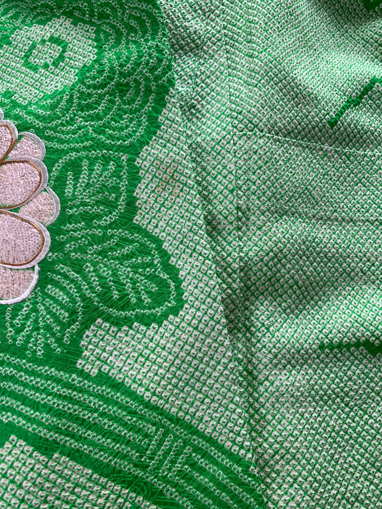 Furisode Kimono Dress Gown with String Belt – Upcycled from Vintage Japanese Kimono "shibori, green, kinkoma, DRE025"-LONG