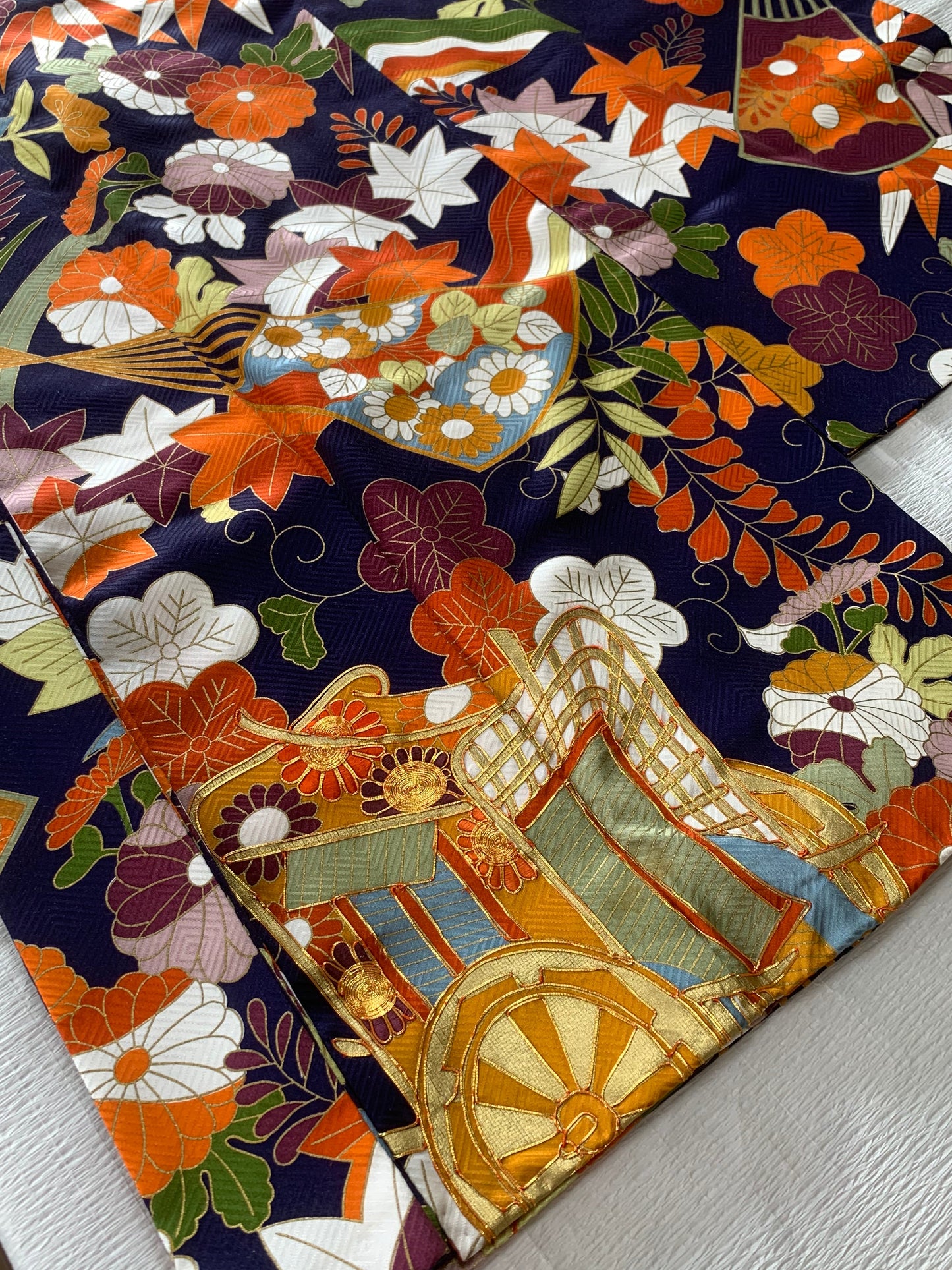 Furisode Kimono Dress Gown with String Belt – Upcycled from Vintage Japanese Kimono "kon, hana, DRE026"
