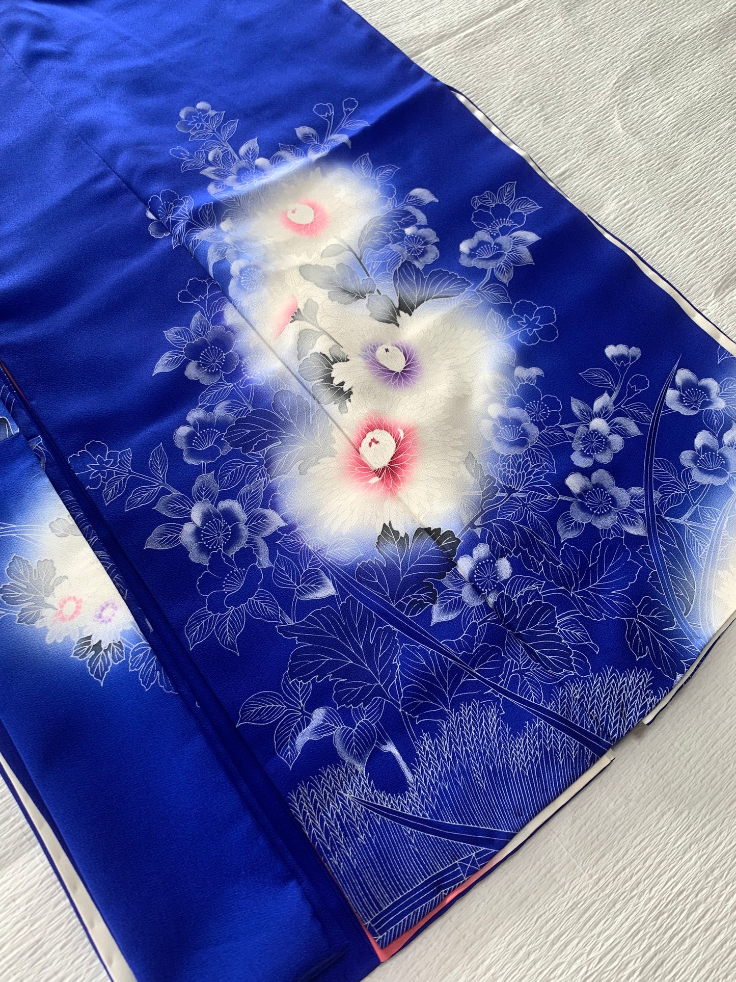 Houmongi Kimono Dress Gown with String Belt – Upcycled from Vintage Japanese Kimono "blue, white, DRE028"
