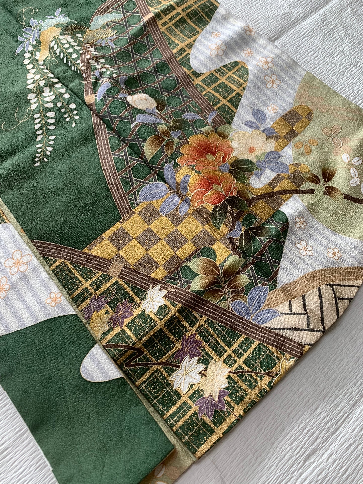 Houmongi Kimono Dress Gown with String Belt – Upcycled from Vintage Japanese Kimono "green, DRE029"