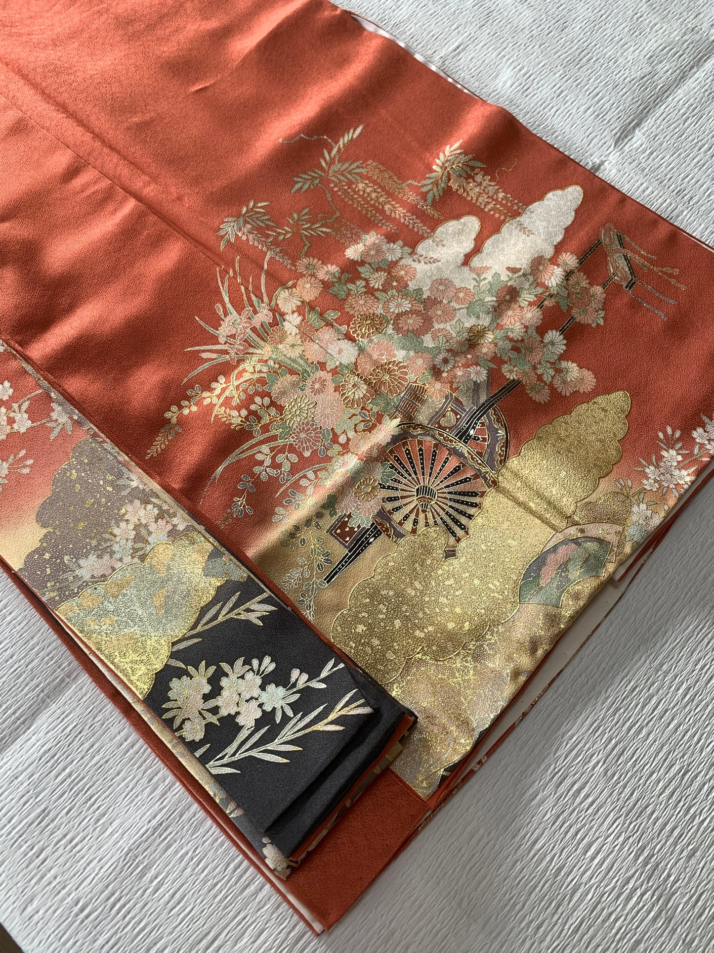 Houmongi Kimono Dress Gown with String Belt – Upcycled from Vintage Japanese Kimono "susokuro, DRE030"