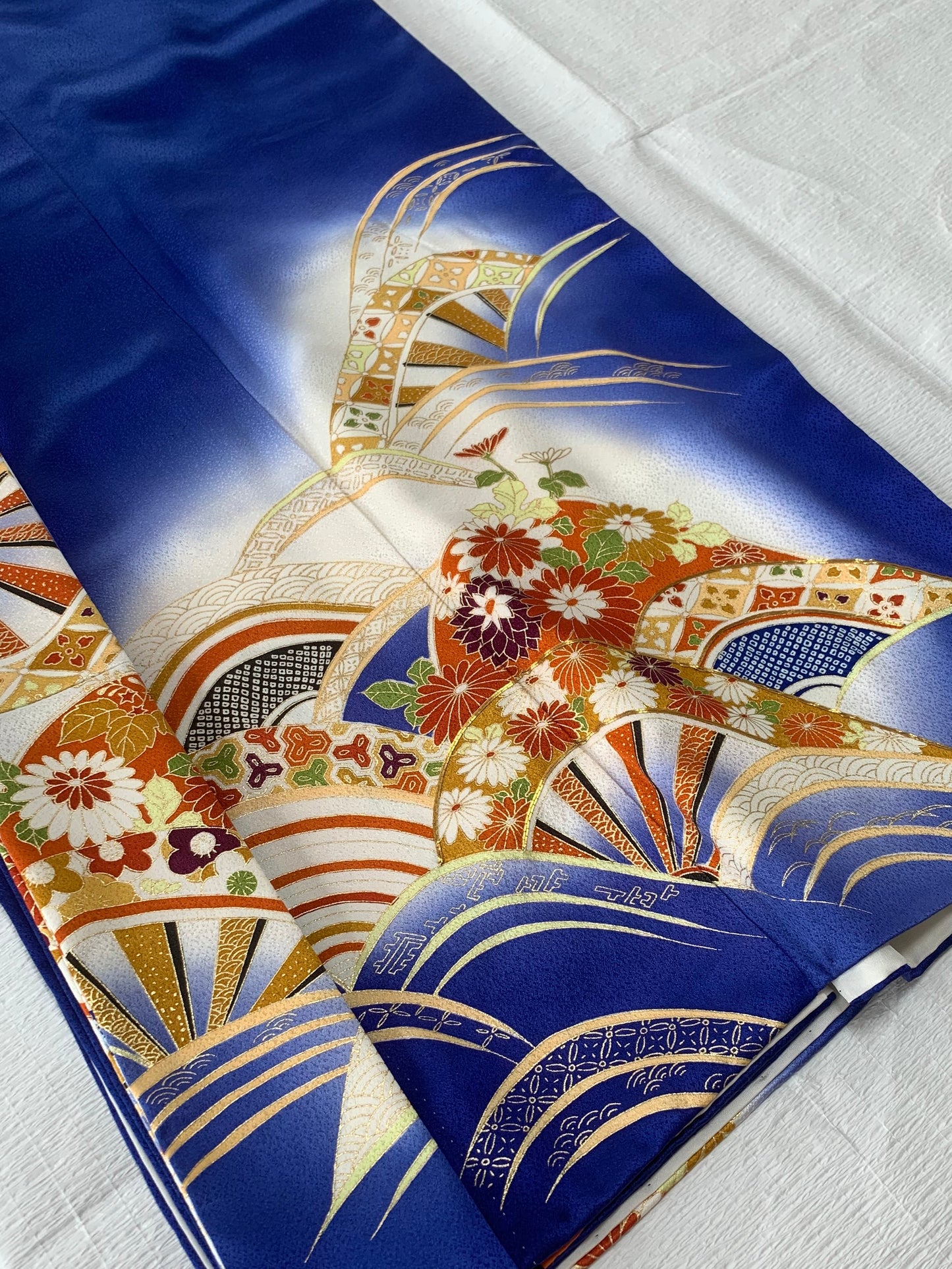 Houmongi Kimono Dress Gown with String Belt – Upcycled from Vintage Japanese Kimono "blue,genjiguruma, DRE033"