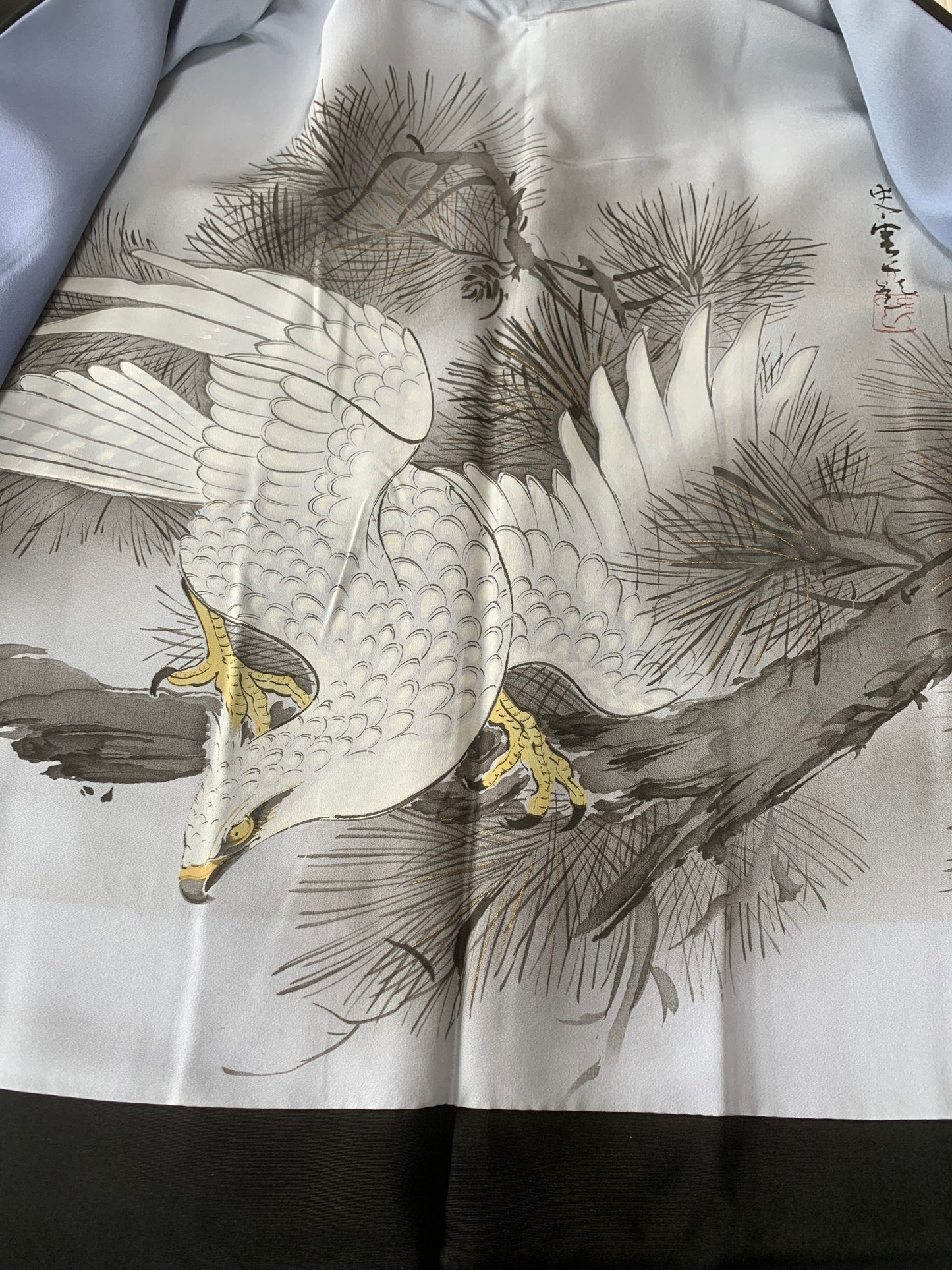 VINTAGE KUROMONTSUKI HAORI "hawk, Yoko-mokko-mon, KUR123"