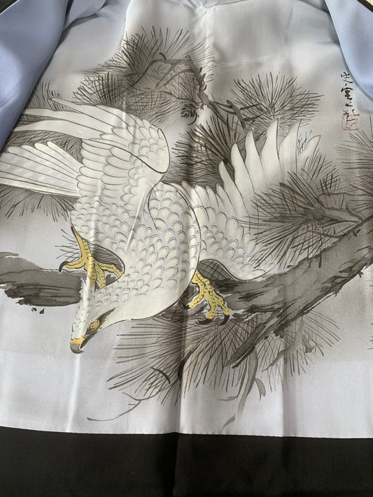 VINTAGE KUROMONTSUKI HAORI "hawk, Yoko-mokko-mon, KUR123"