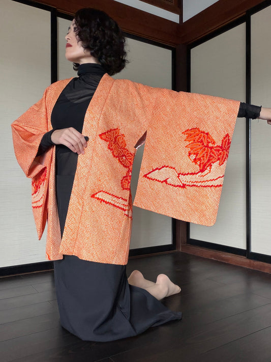 VINTAGE SHIBORI HAORI  "orange, SIB132"