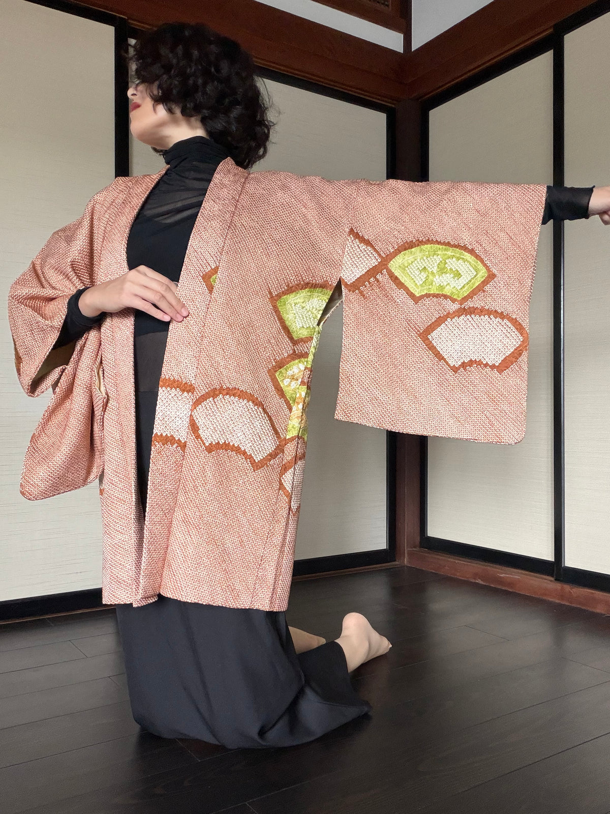 VINTAGE SHIBORI HAORI  "brown, SIB133"
