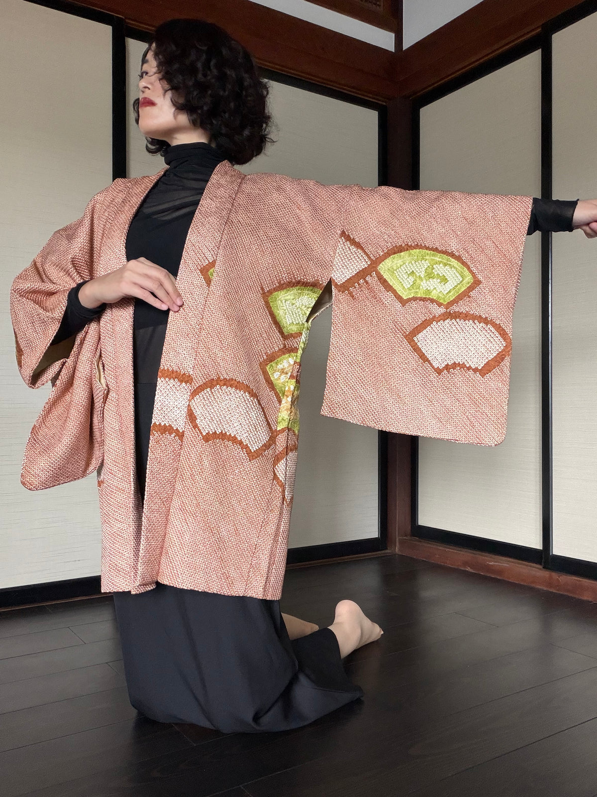 VINTAGE SHIBORI HAORI  "brown, SIB133"