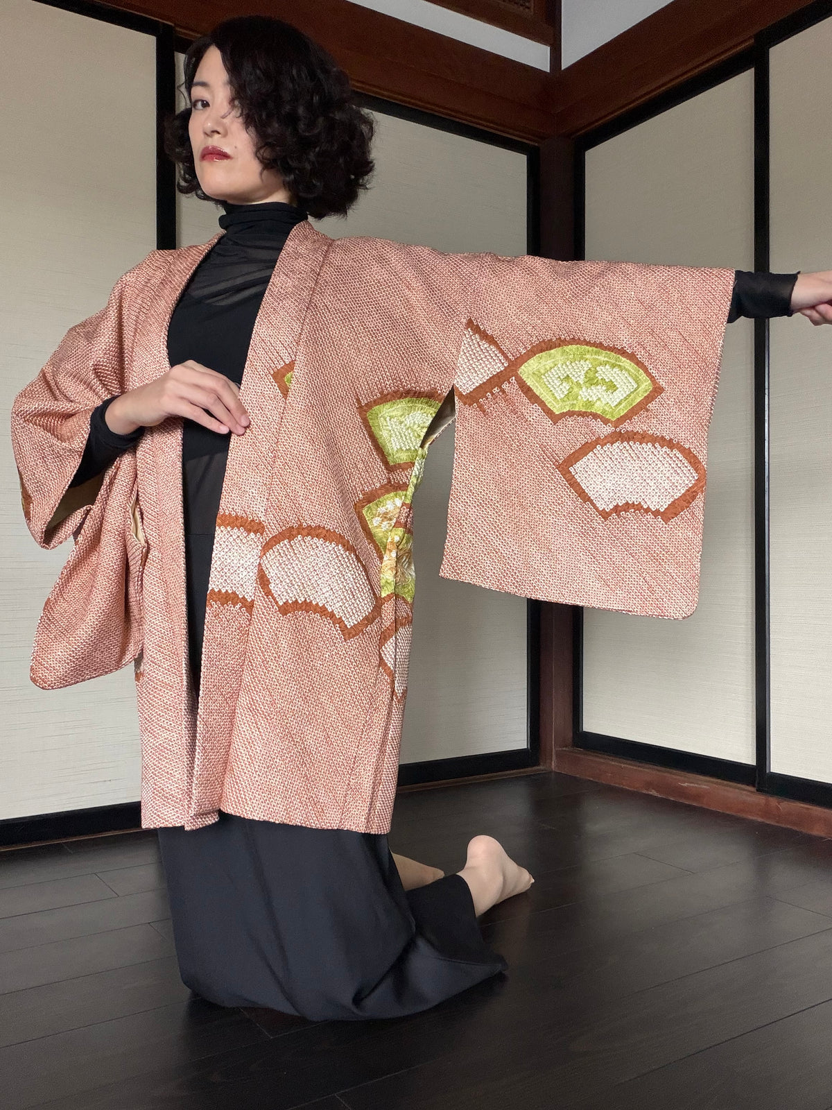 VINTAGE SHIBORI HAORI  "brown, SIB133"