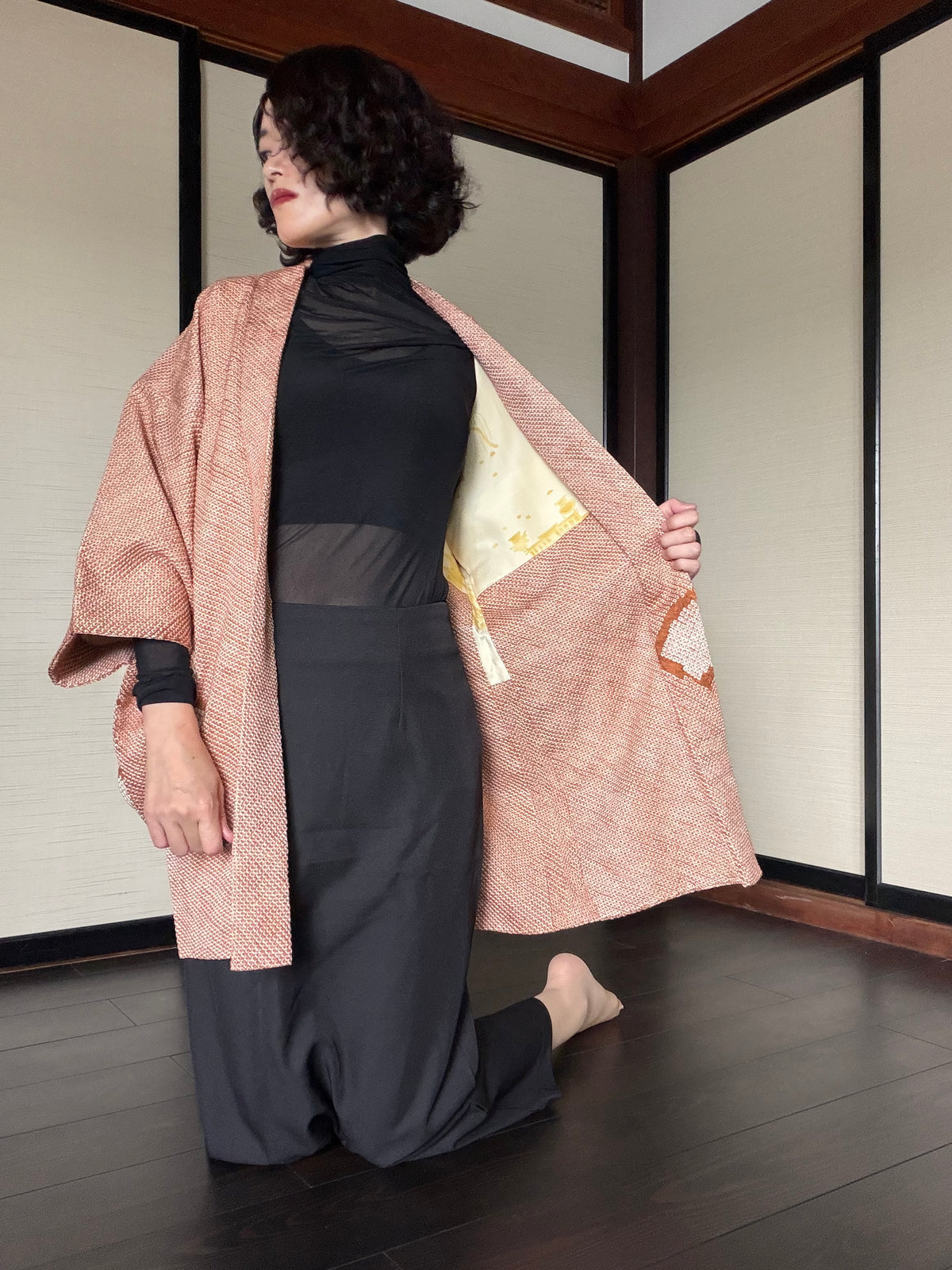 VINTAGE SHIBORI HAORI  "brown, SIB133"