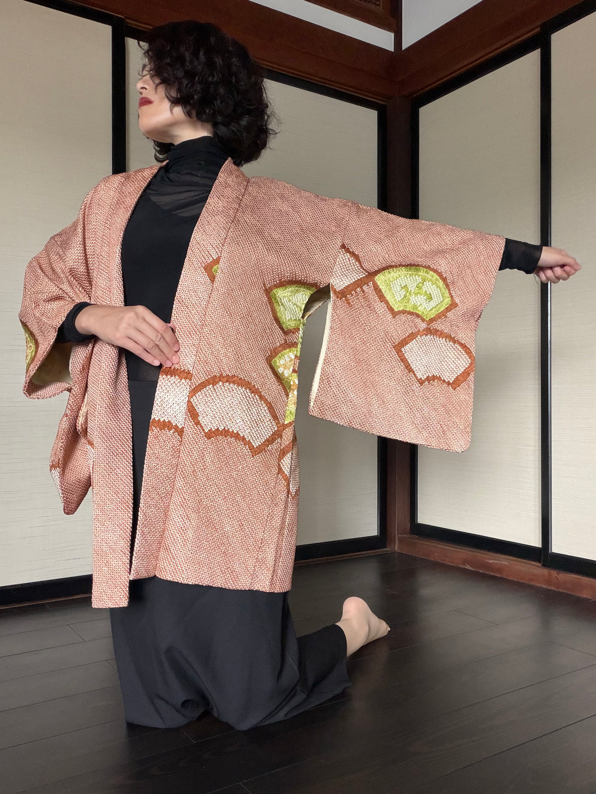 VINTAGE SHIBORI HAORI  "brown, SIB133"