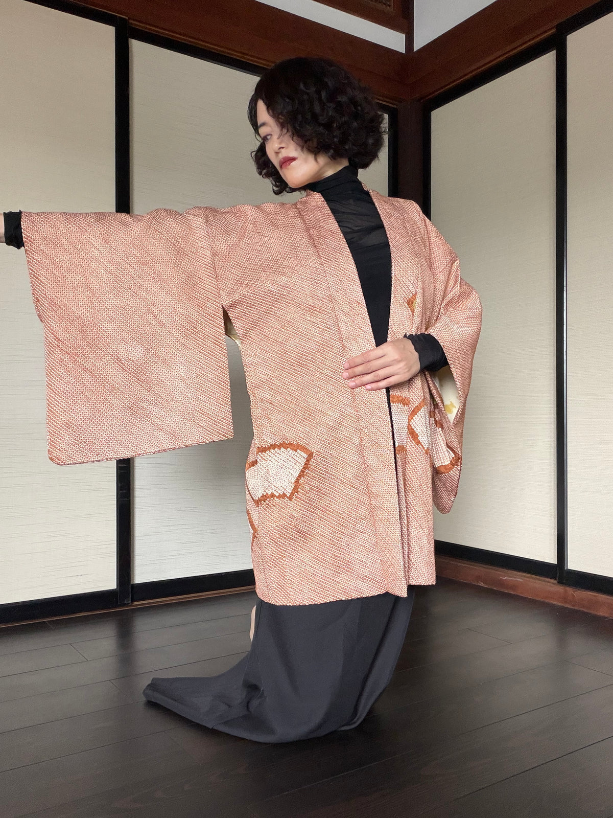 VINTAGE SHIBORI HAORI  "brown, SIB133"