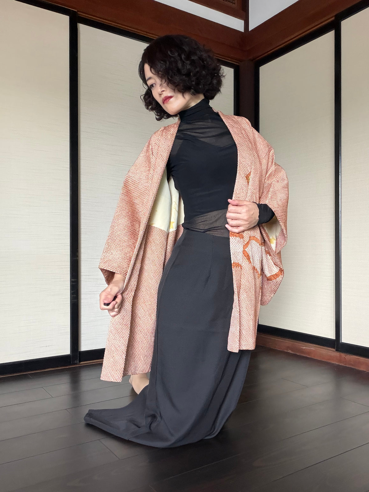 VINTAGE SHIBORI HAORI  "brown, SIB133"