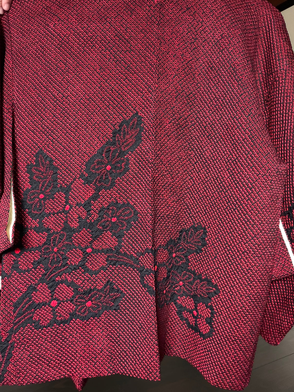 VINTAGE SHIBORI HAORI  "red-black, SIB133" *damage