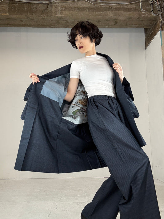 Oshima Tsumugi HAORI and KIMONO elastic waist pants upcycled from Japanese kimono"kabuto"version 2