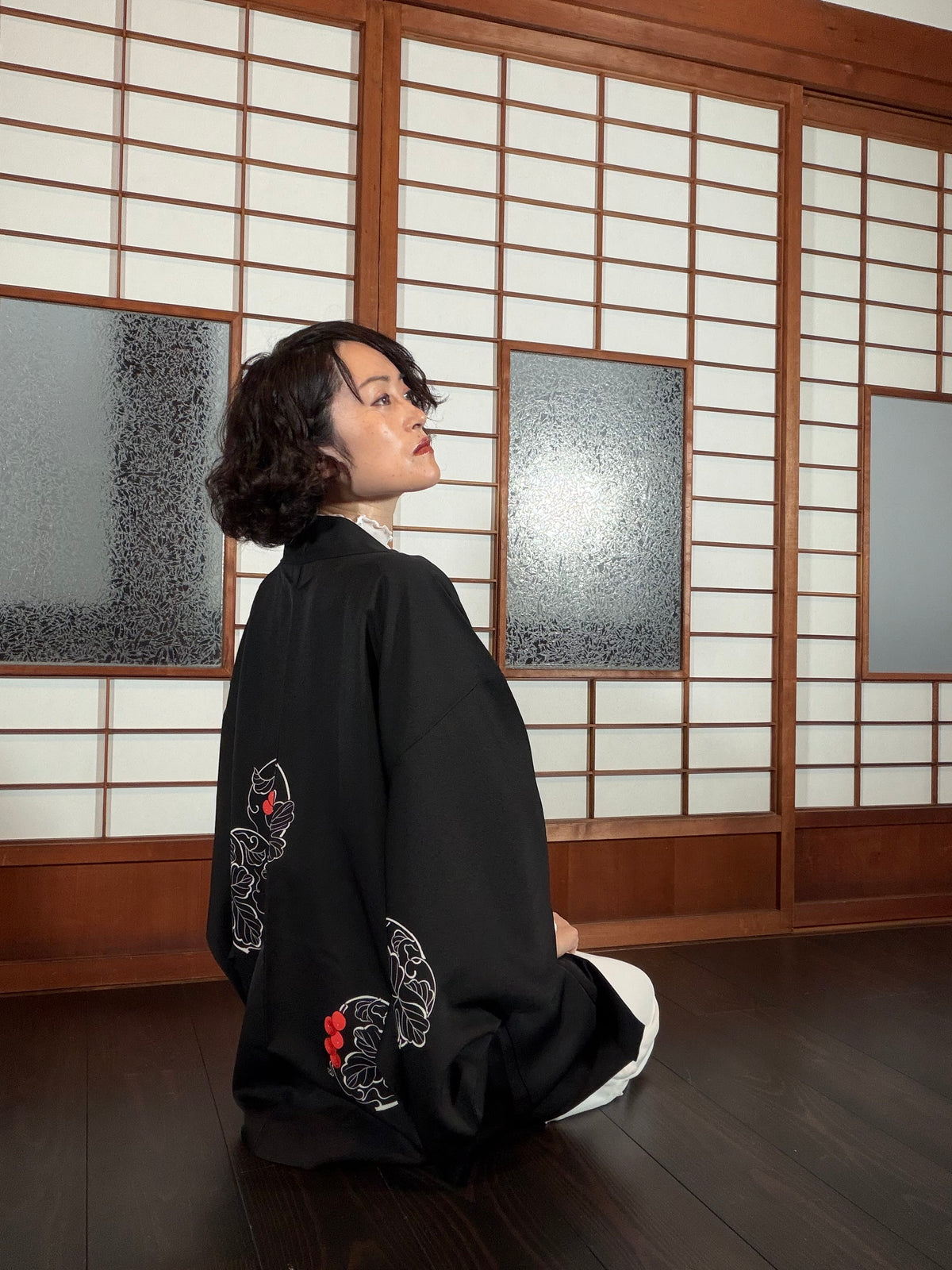 VINTAGE BLACK HAORI  "kajitsu, red BLK193"