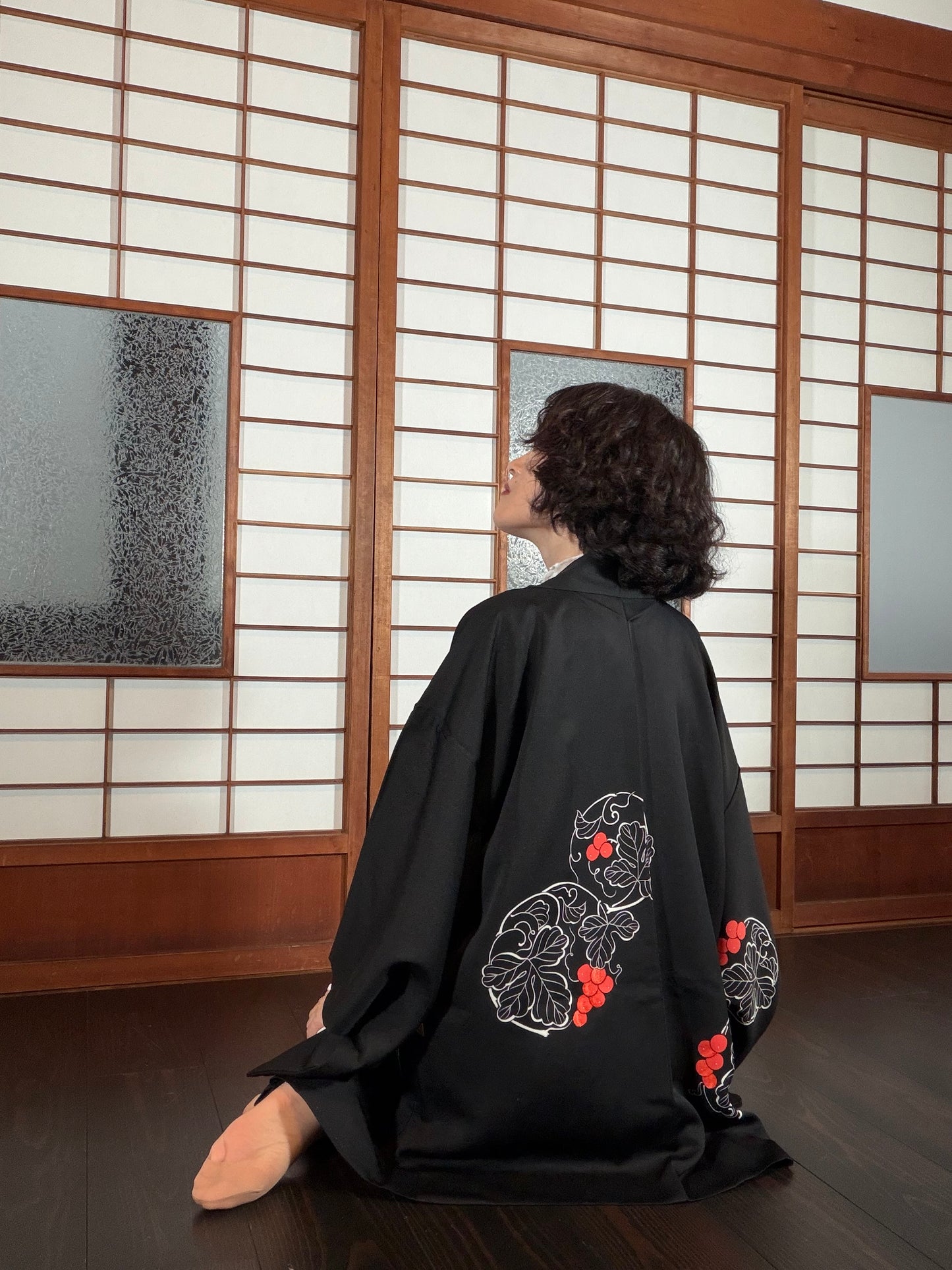 VINTAGE BLACK HAORI  "kajitsu, red BLK193"