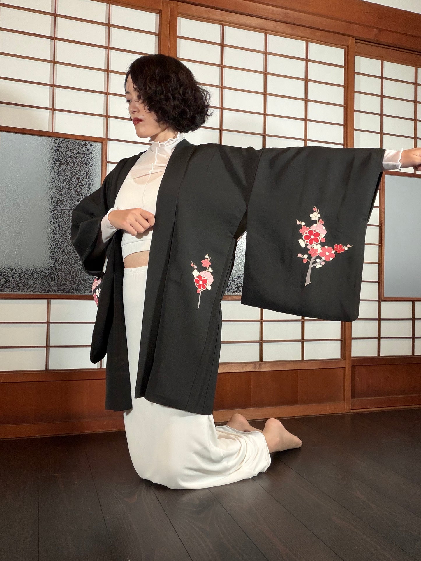 VINTAGE BLACK HAORI  "ume, flower, BLK194"