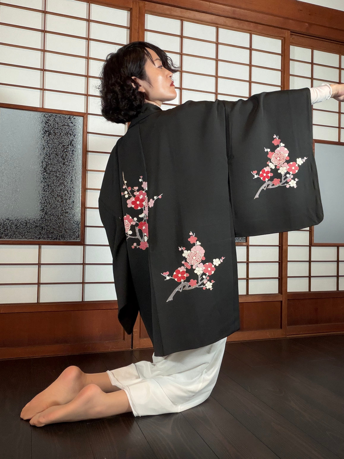 VINTAGE BLACK HAORI  "ume, flower, BLK194"