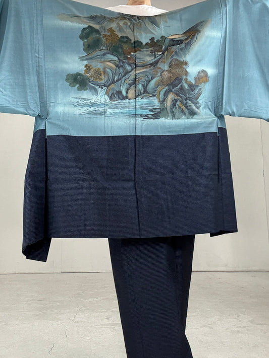 Oshima Tsumugi HAORI  and KIMONO elastic waist pants upcycled from Japanese kimono"keshiki, blue"version 2 shoshi ari