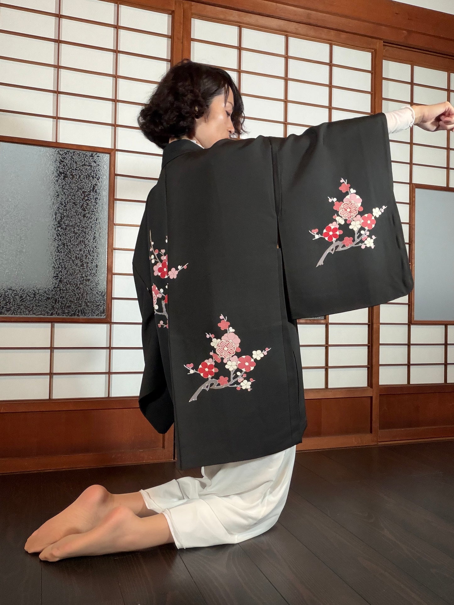 VINTAGE BLACK HAORI  "ume, flower, BLK194"