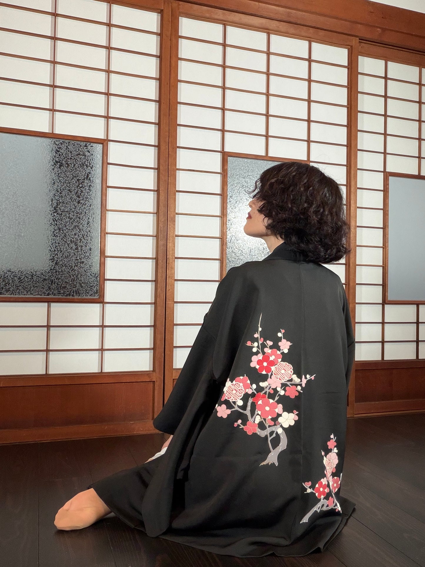 VINTAGE BLACK HAORI  "ume, flower, BLK194"