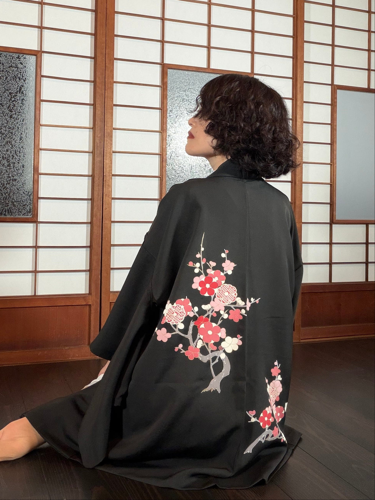 VINTAGE BLACK HAORI  "ume, flower, BLK194"