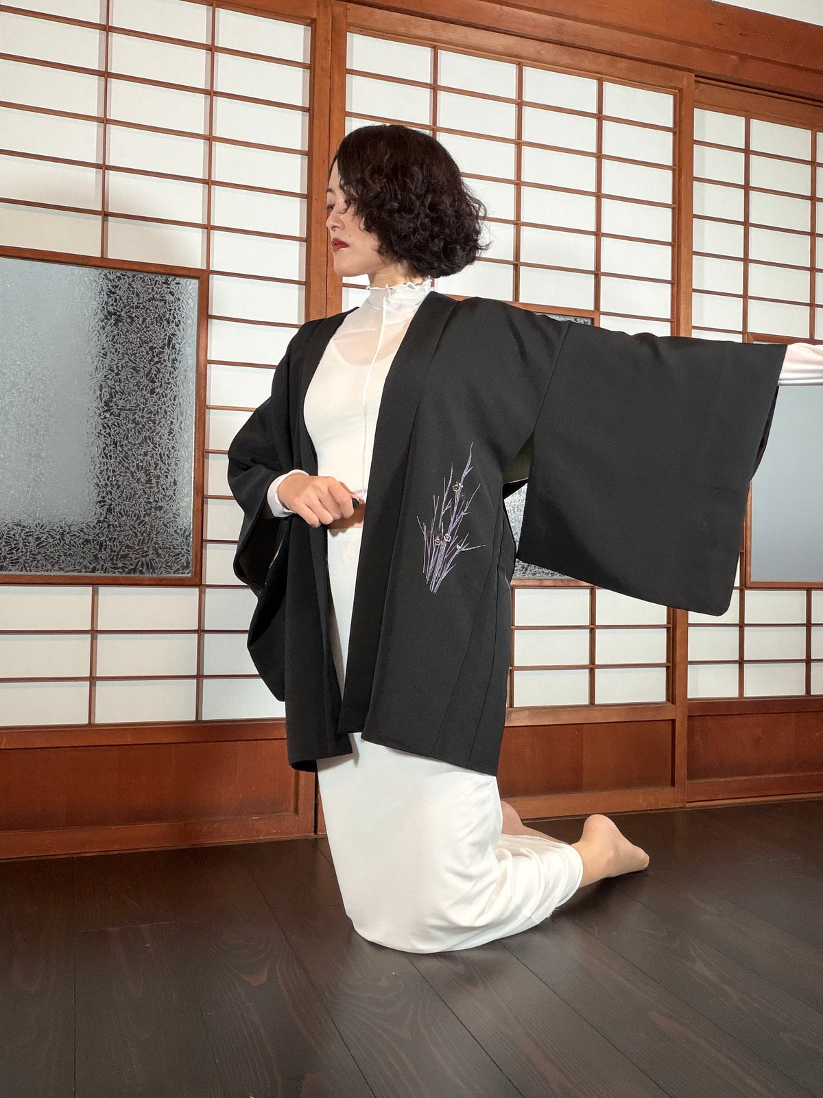 VINTAGE BLACK HAORI  "michikusa, BLK195"