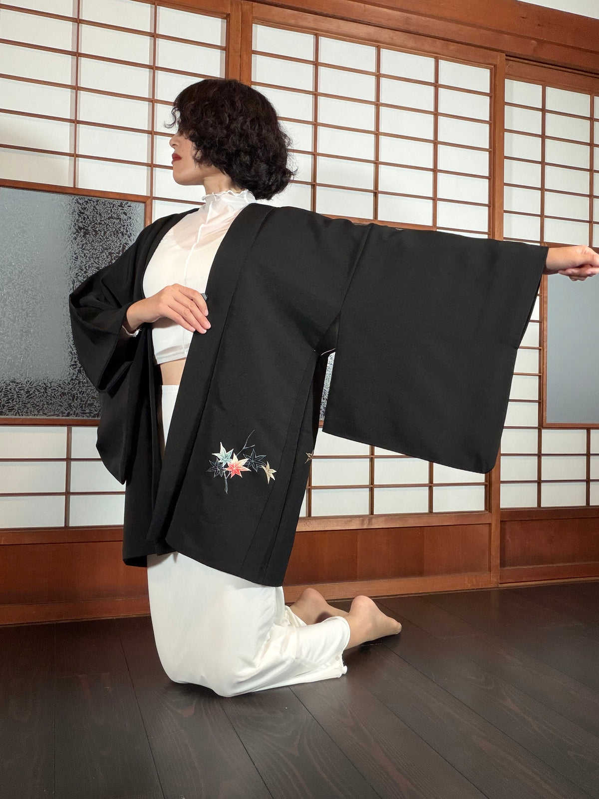 VINTAGE BLACK HAORI  "glitter, momiji , BLK197"